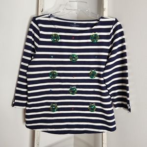 Talbots Top NWOT womens Large petite Navy white stripe Christmas wreath cotton